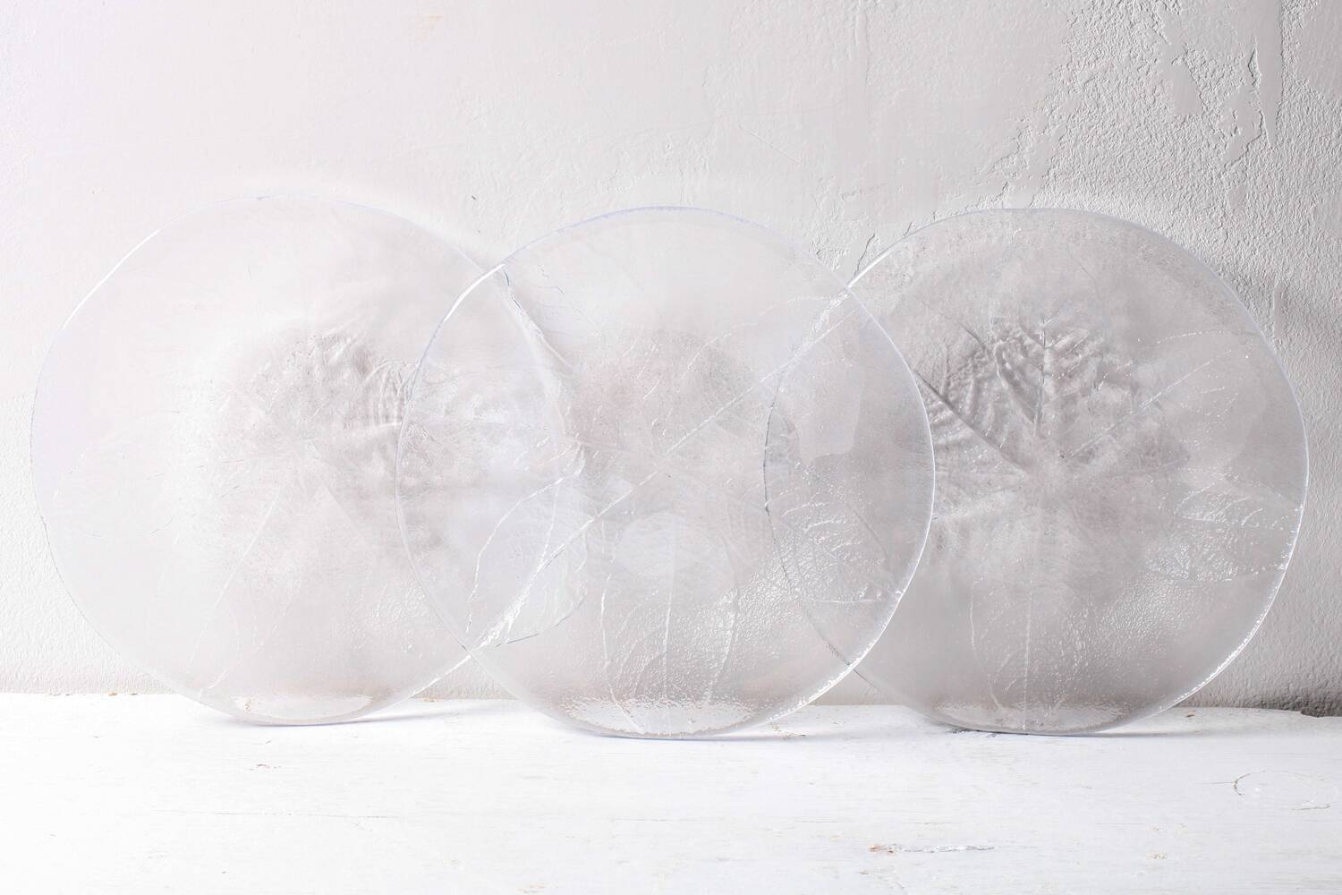 Set of 3 Vintage Kosta Boda Glass Dessert Plates / Scandinavian Leaf Design