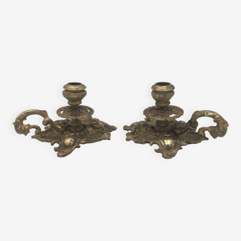 PAIR OF CELLAR RATS Hand candle holder in BRONZE Decor Handle Dolphin Antique