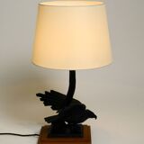 1940s table lamp made of iron in the shape of an eagle, teak wooden base