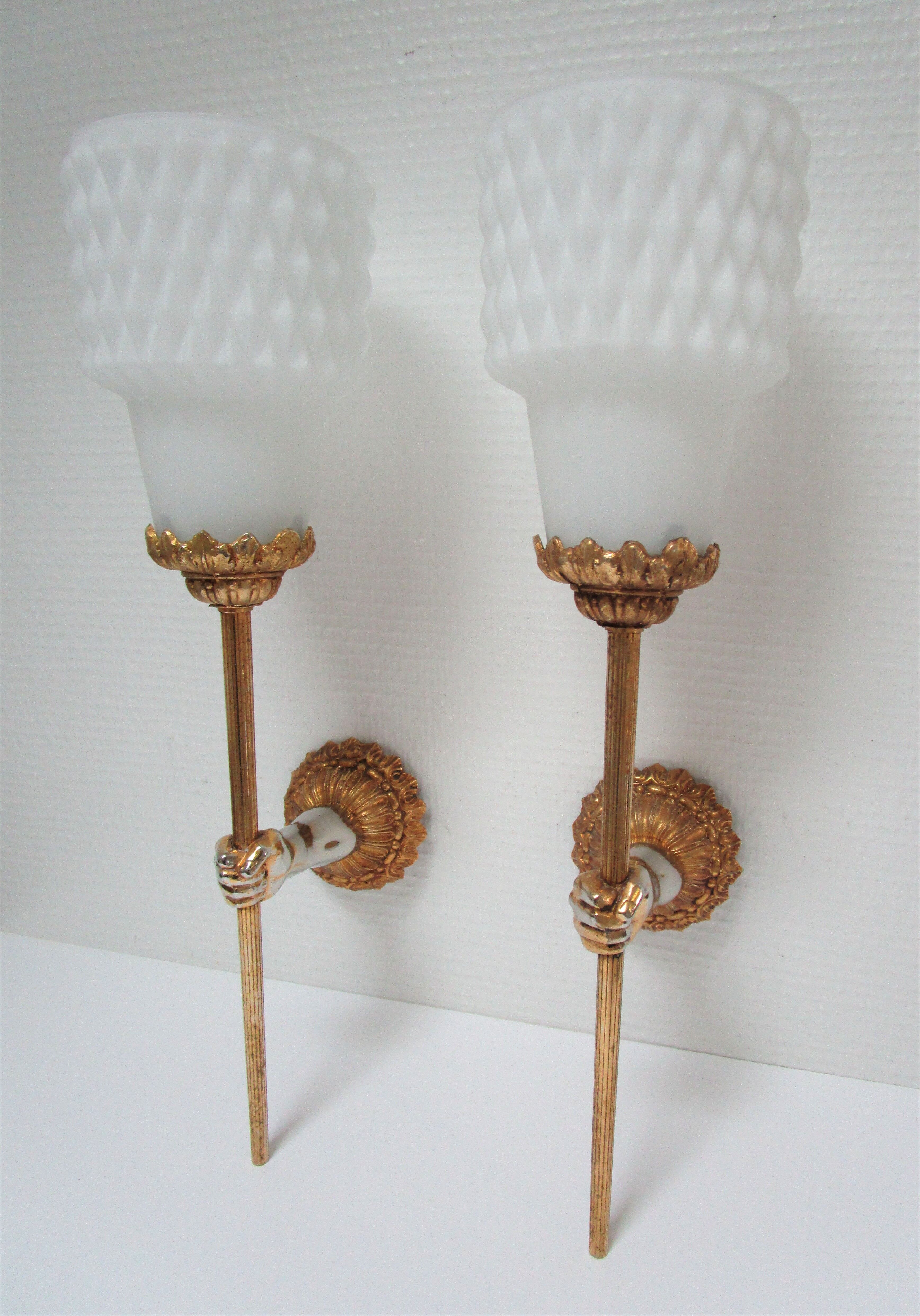 Pair of vintage patinated golden metal hand sconces