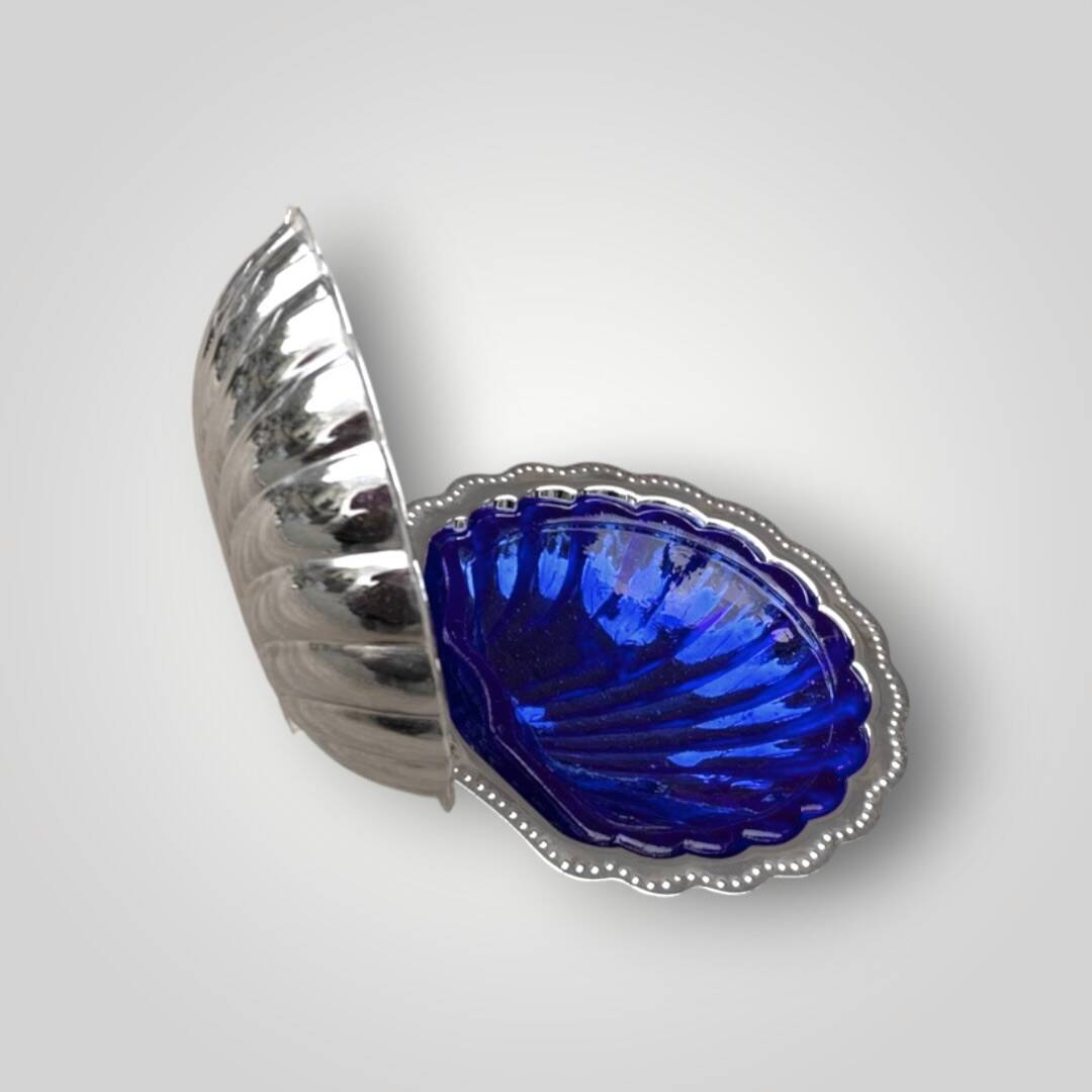 Vintage shell butter dish in stainless steel and cobalt blue glass