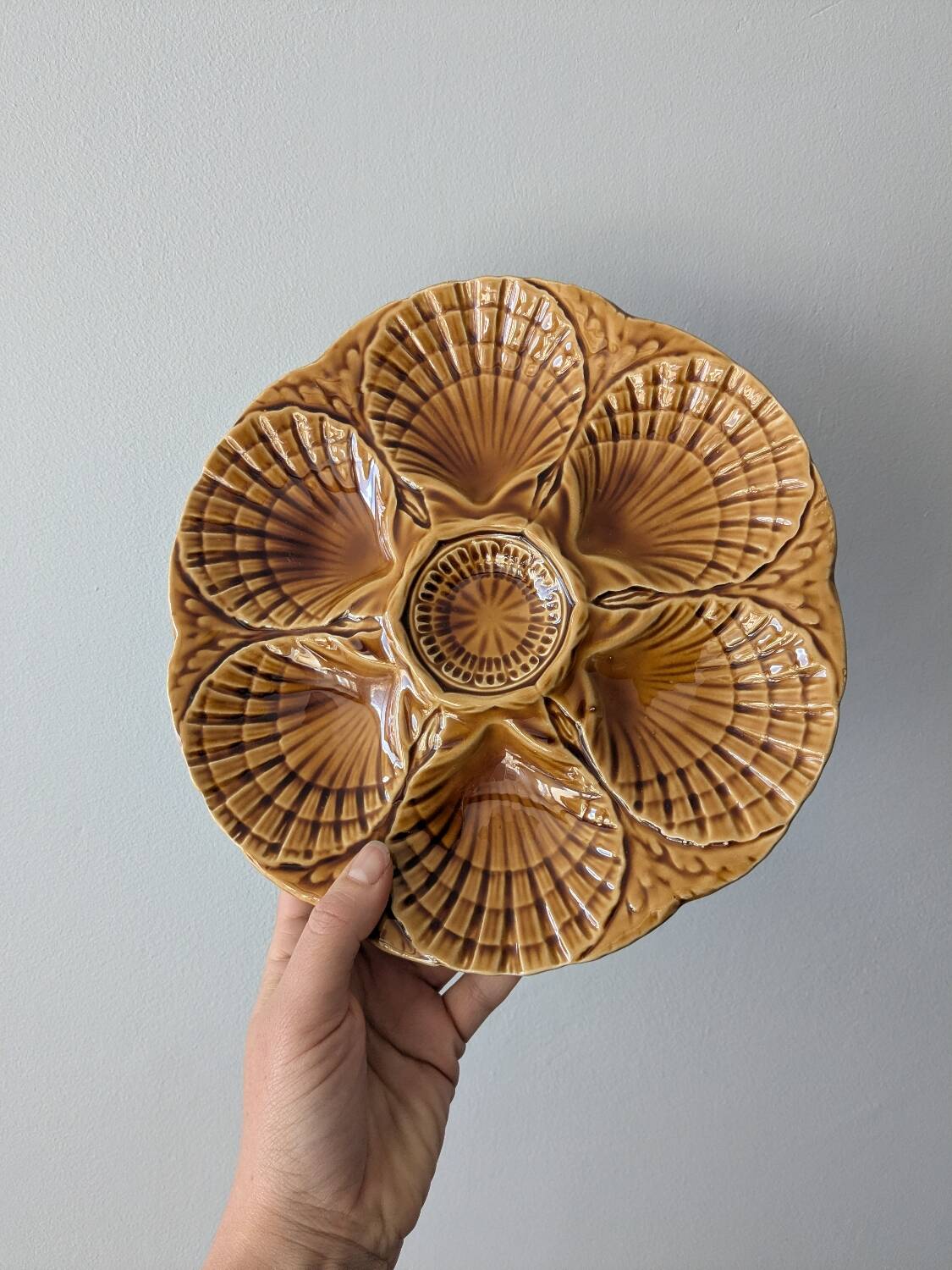 Set of 3 vintage brown Sarreguemines majolica oyster plates.