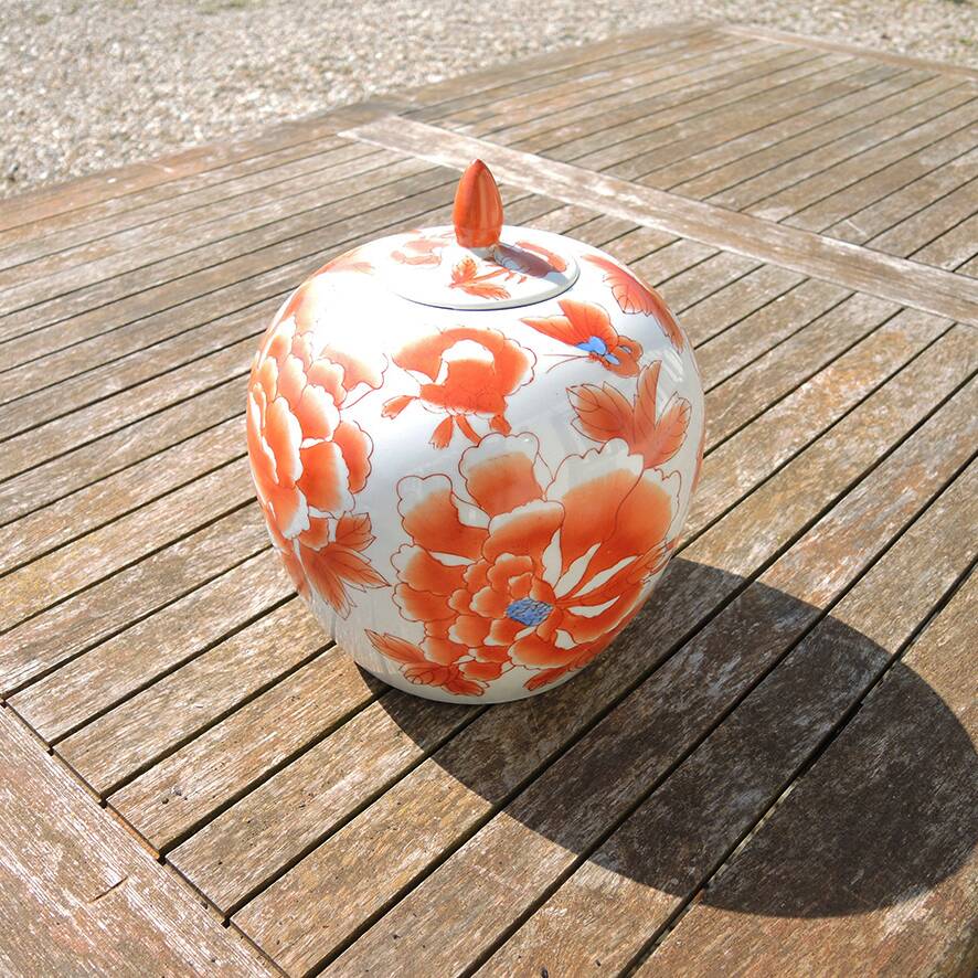 Antique Large Ginger Jar with Orange Floral Decor