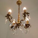 Vintage french brass 4 light chandelier assorted faceted crystal 4007