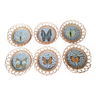6 wicker coasters with butterfly backgrounds