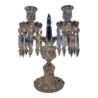Two-light candelabrum in crystal with Baccarat pendants.