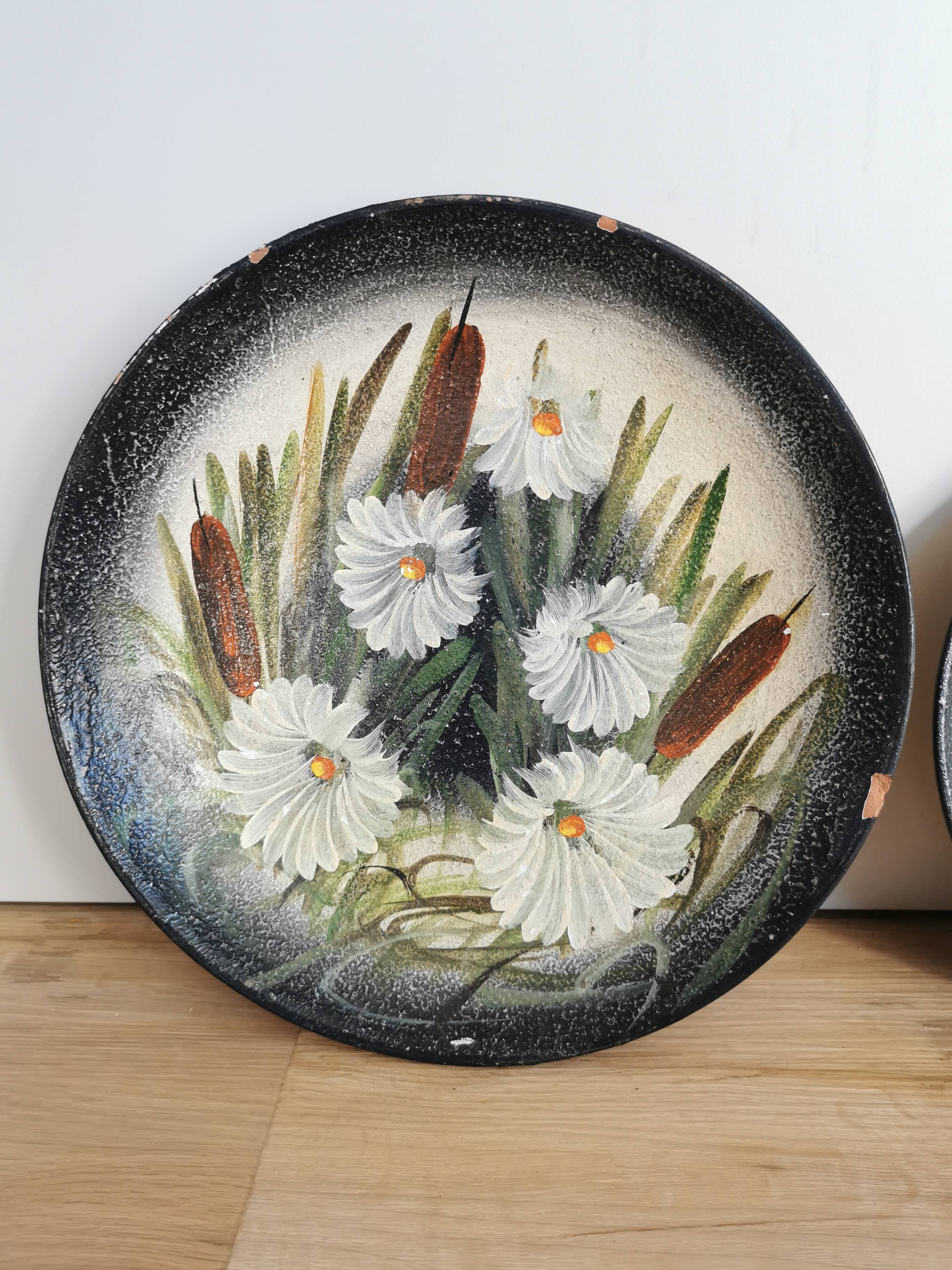 Vintage Hand-Painted Clay Plates: 1970s Yugoslavian Floral Wall Decor
