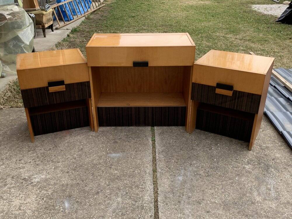 Mid-century brown and black lacquer dressing table set with 2 bedside tables.