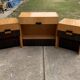 Mid-century brown and black lacquer dressing table set with 2 bedside tables.