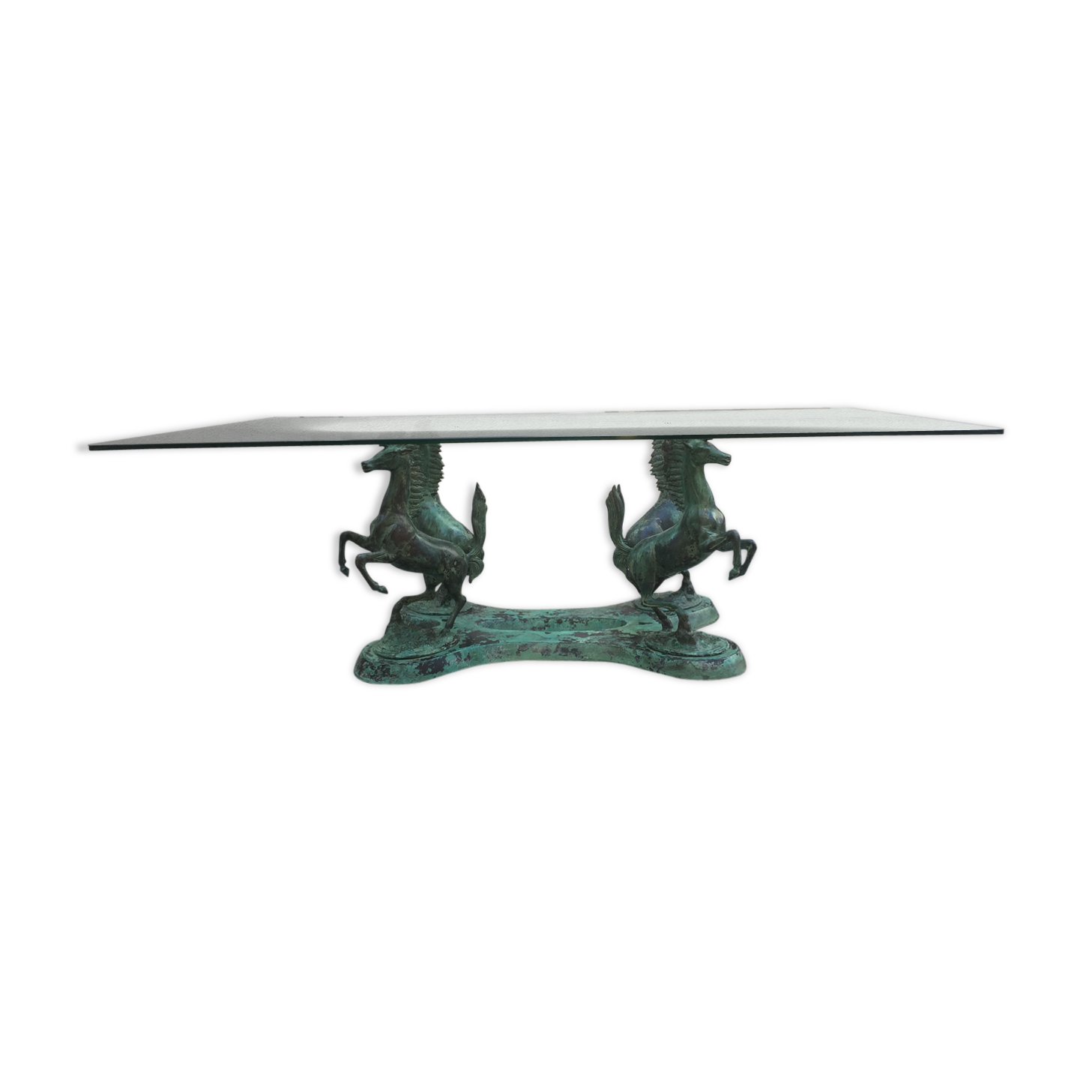 Coffee table with glass plate and bronze horses