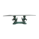 Coffee table with glass plate and bronze horses