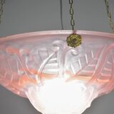 Pink Art Deco top quality pendant light with floral decorations, signed Degué