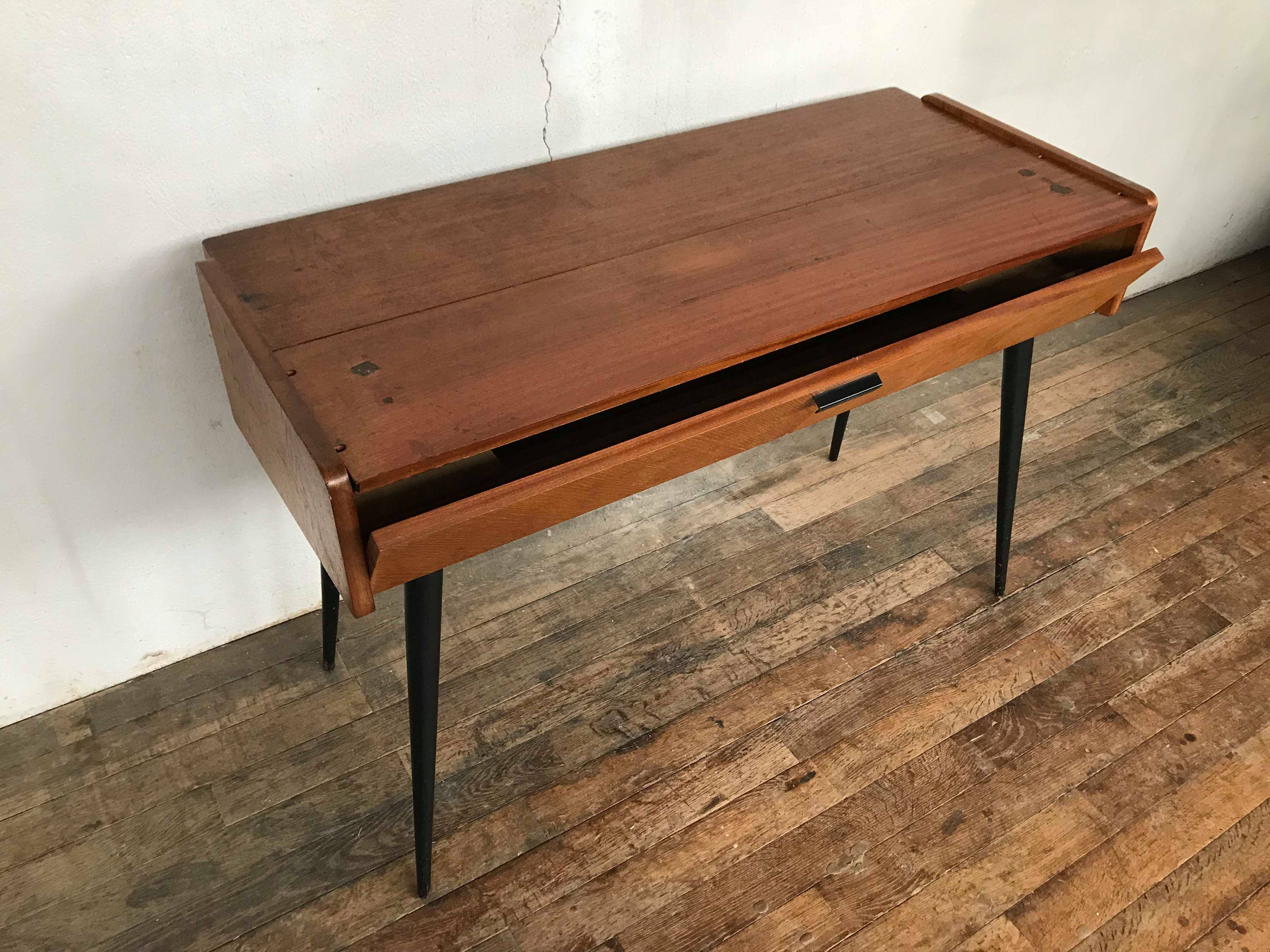 Bureau tricoteuse en teck vintage pieds compas fuseaux noir 1950 1960 style scandinave
