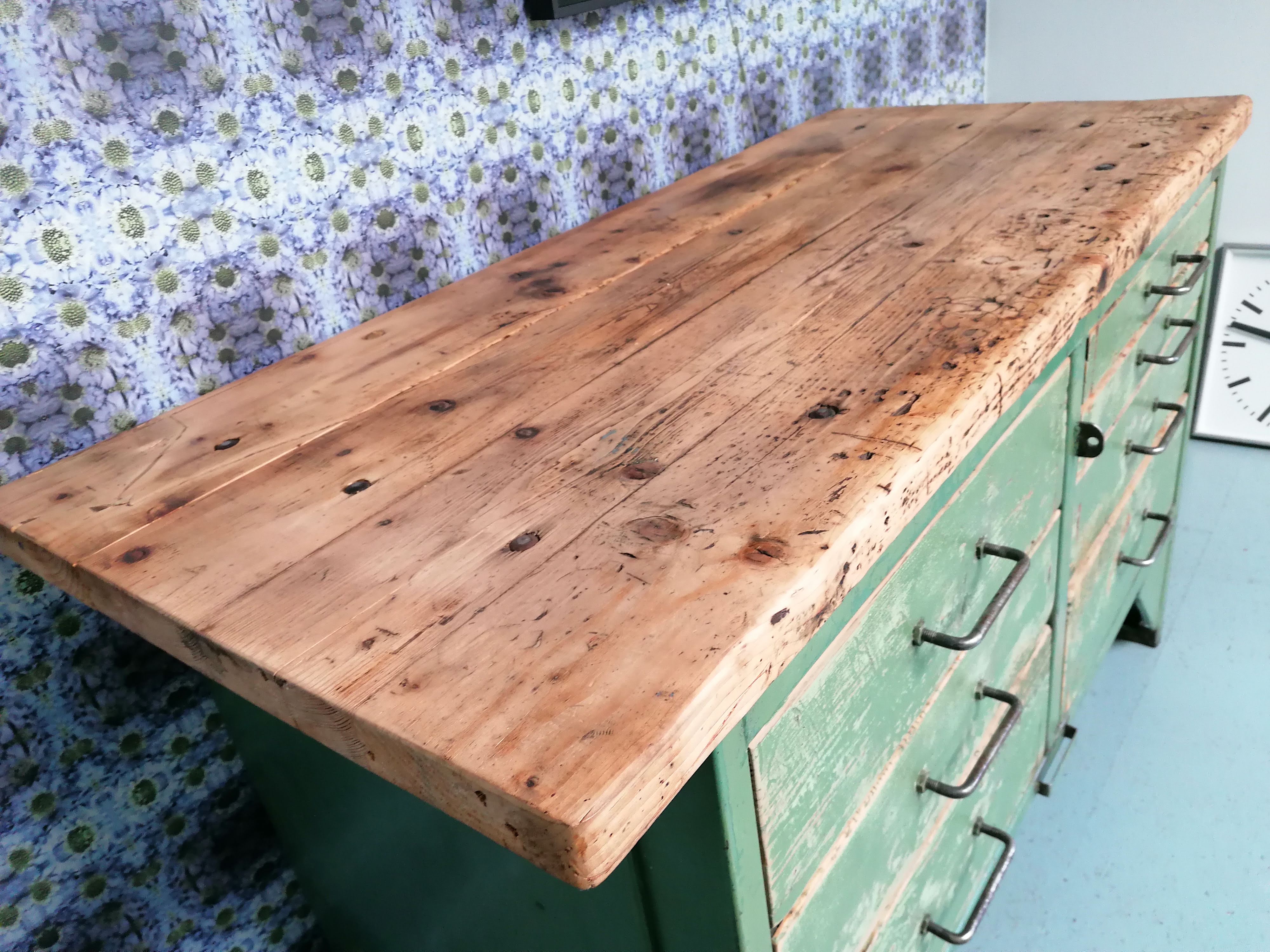 Old wooden garage workbench, industrial vintage.