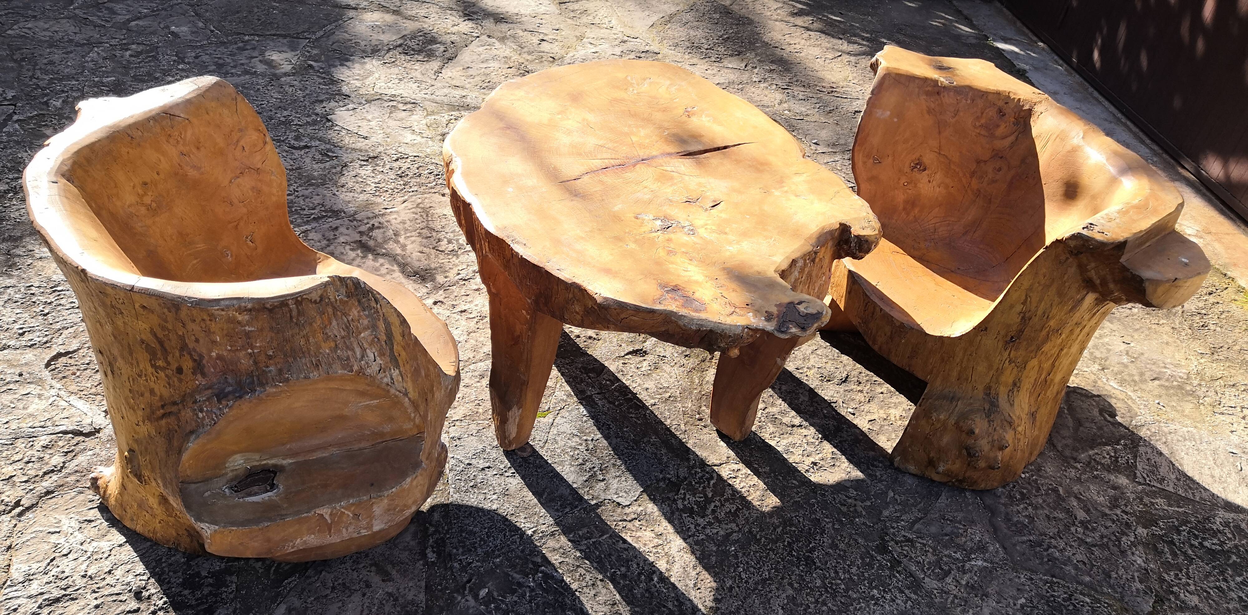 Living room 2 armchairs & coffee table in elm brutalist design 1950
