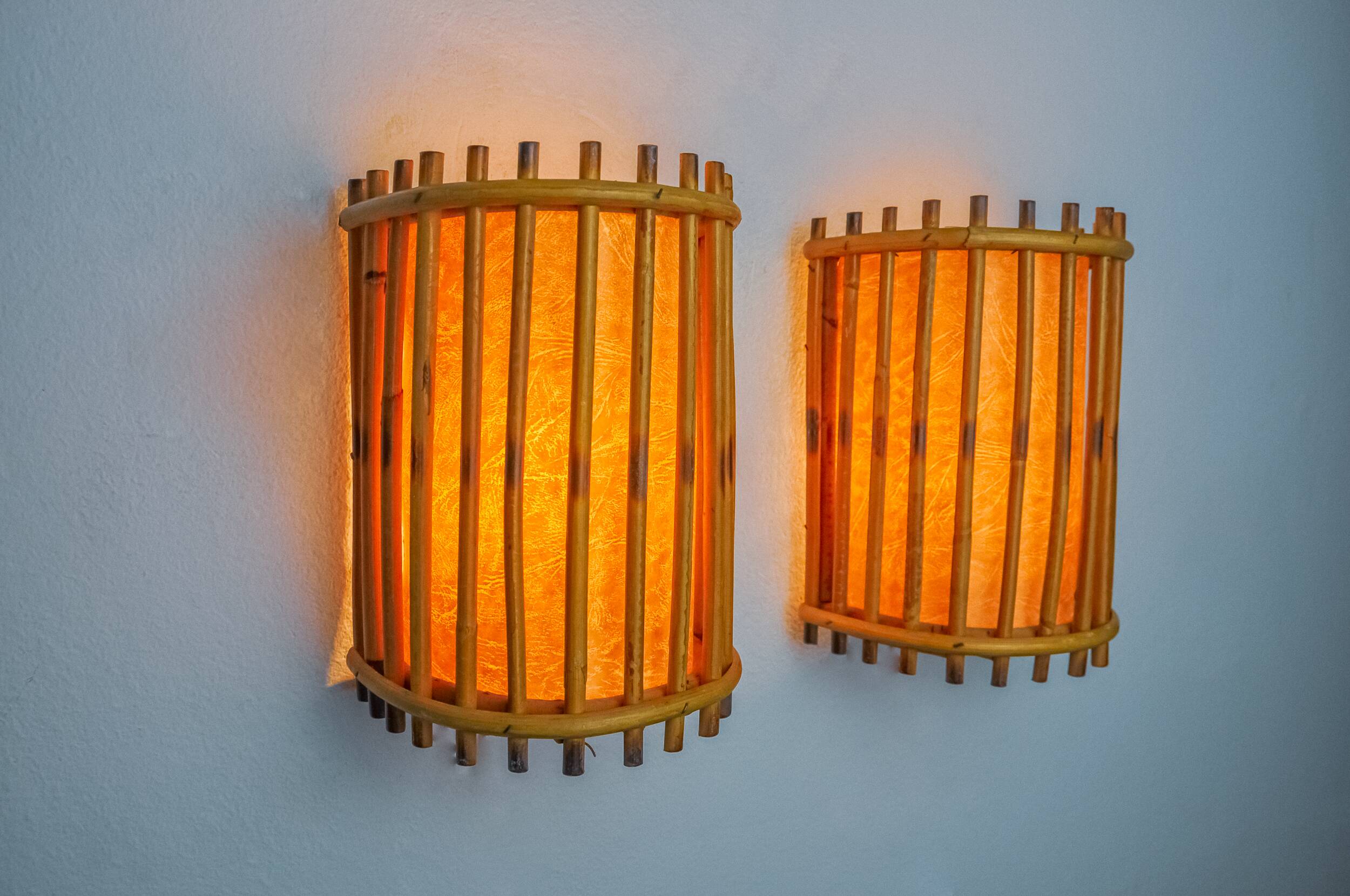 Pair of rattan wall lights, France, 1960