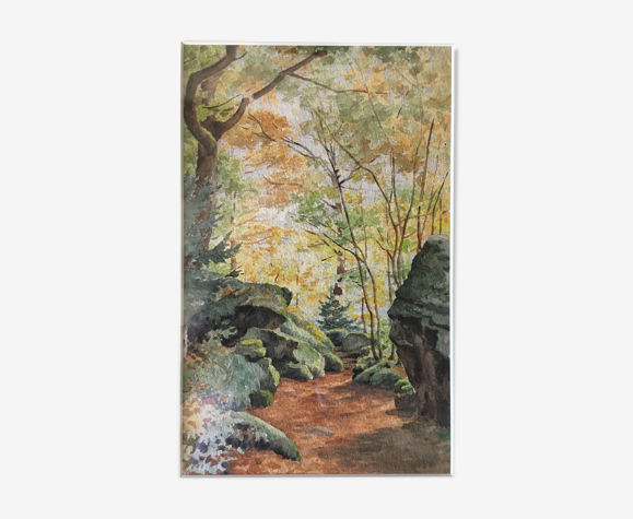 Tableau aquarelle du début du XX° "Forêt du Morvan"