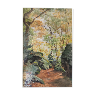 Tableau aquarelle du début du XX° "Forêt du Morvan"