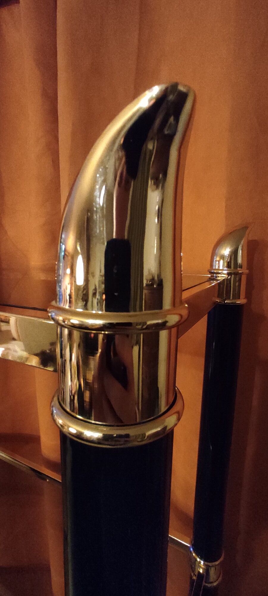 Shelf, Chinese, black and gold metal, smoked glass