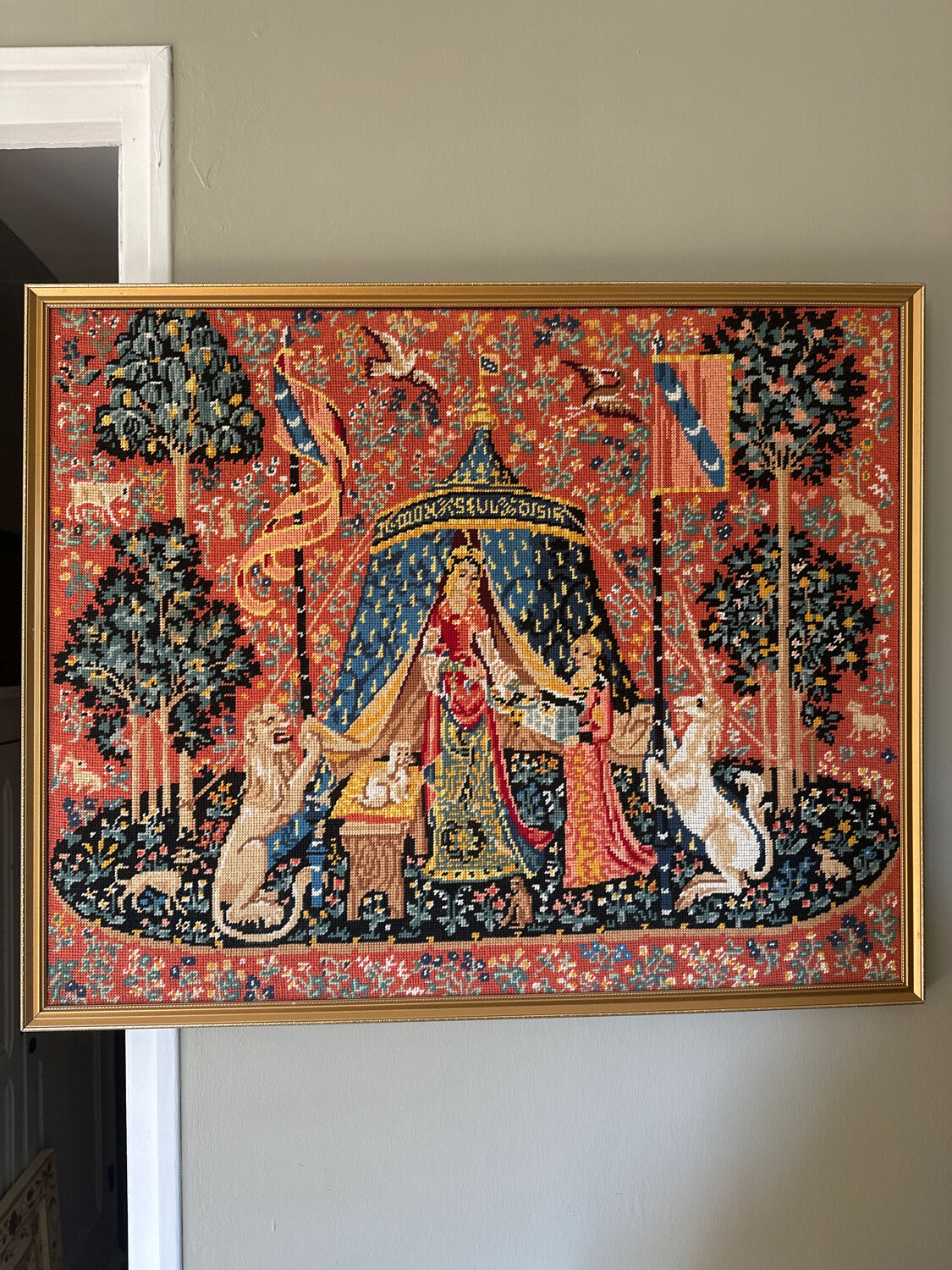 Large embroidered canvas "The Lady and the Unicorn" – To my only desire – Framed