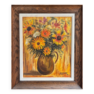Tableau : huile sur toile - nature morte au bouquet de fleurs