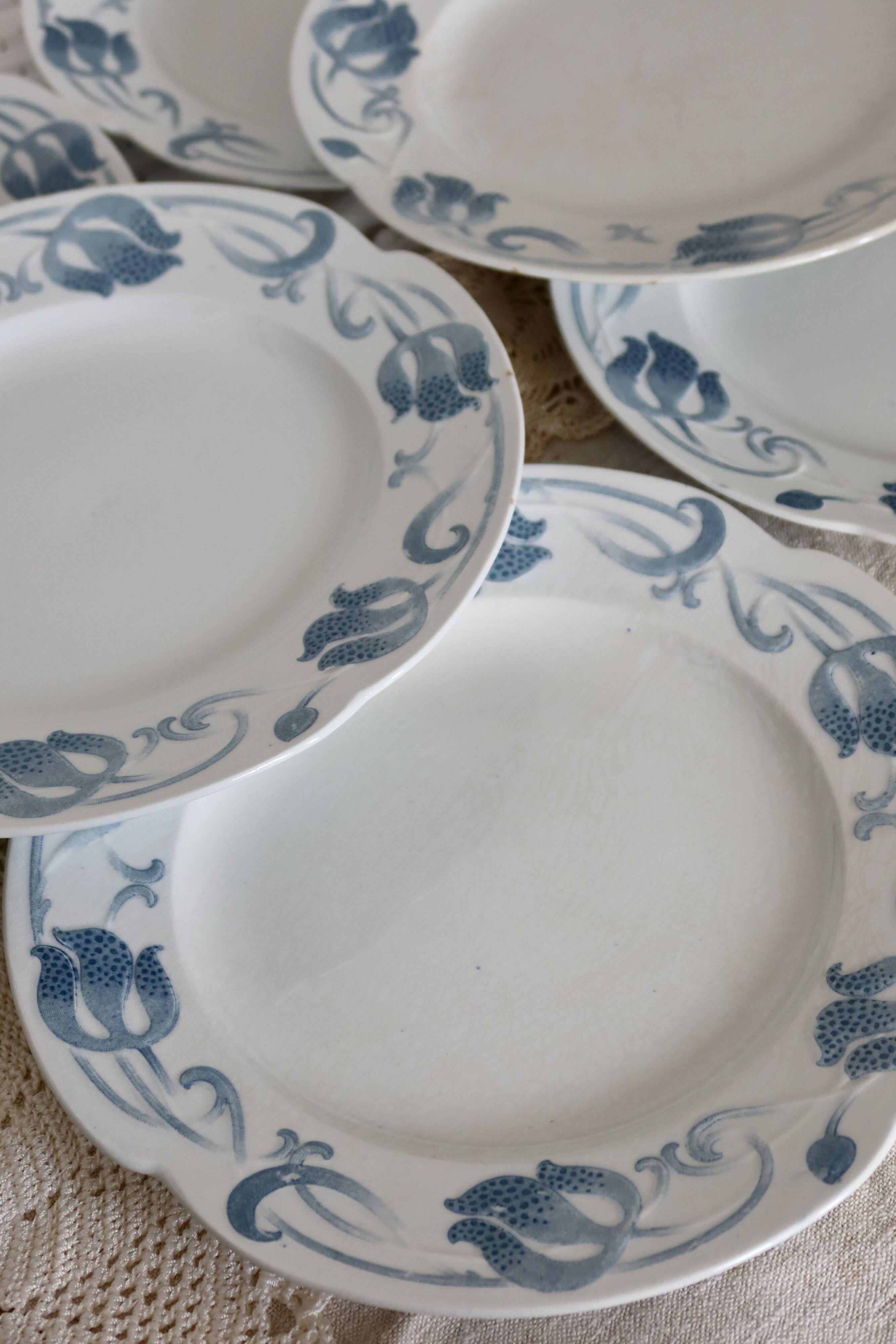 6 flat plates - Antique tableware set 82 pieces Sarreguemines earthenware Art Nouveau style