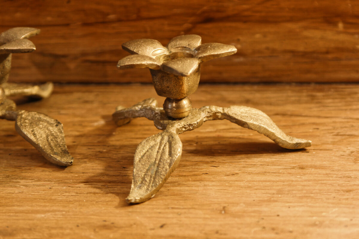 Pair of brass candle holders, flowers