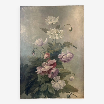 Ancien tableau huile sur toile nature morte florale pavot d'orient fleurs
