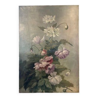 Ancien tableau huile sur toile nature morte florale pavot d'orient fleurs