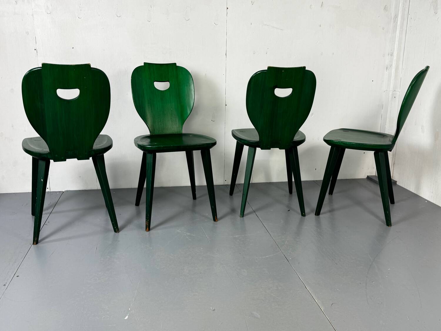 Set of 4 Swedish green pine designer chairs from Svensk Fur, 1950s of