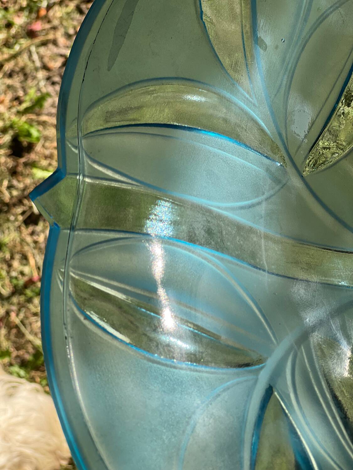 Basin pendant light, in flowered blue glass. Art Deco