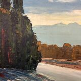 Tableau, huile sur carton « Rivière dans les Alpes »