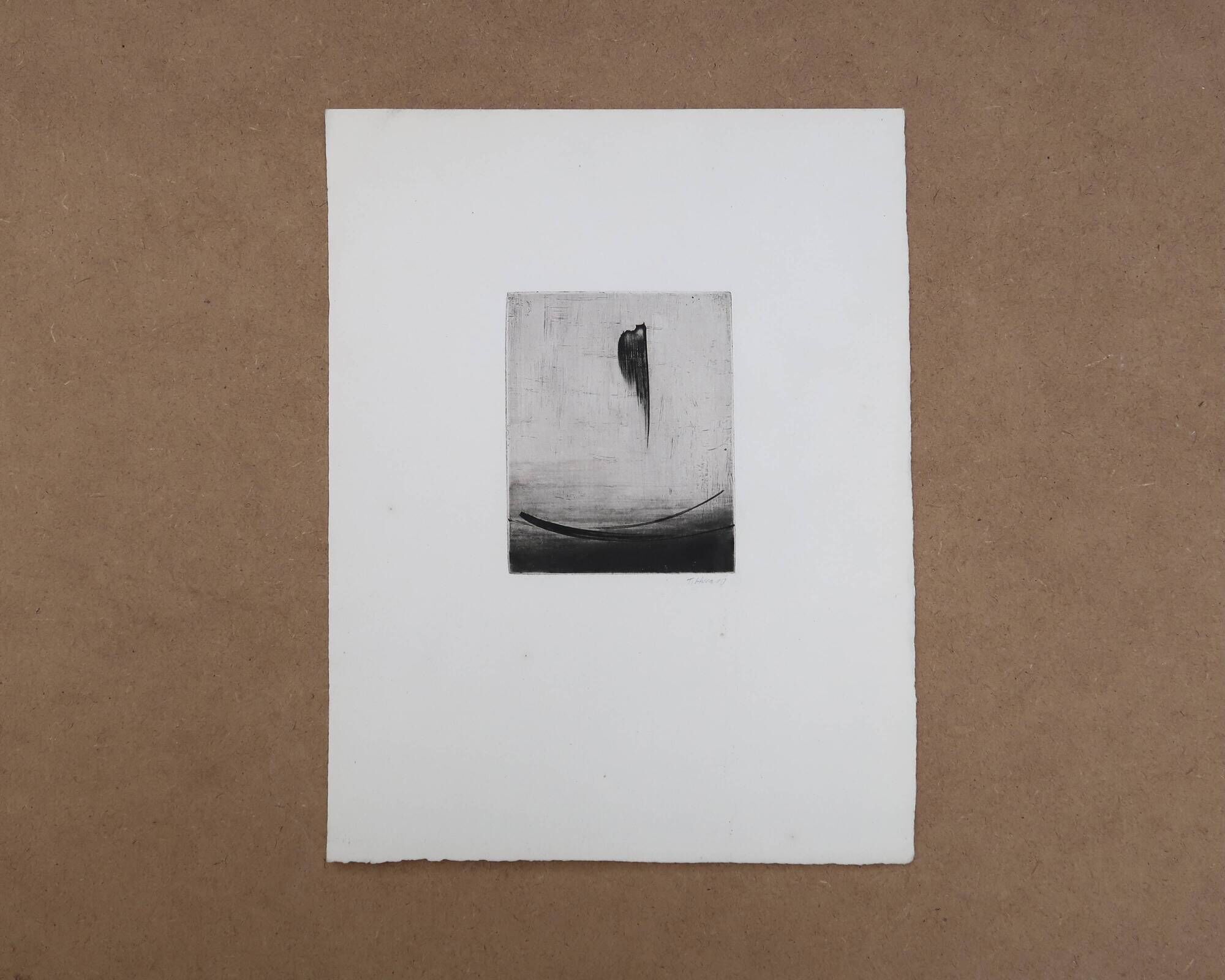 Gravure abstraite minimaliste en noir et blanc de Terry Haass, années 60