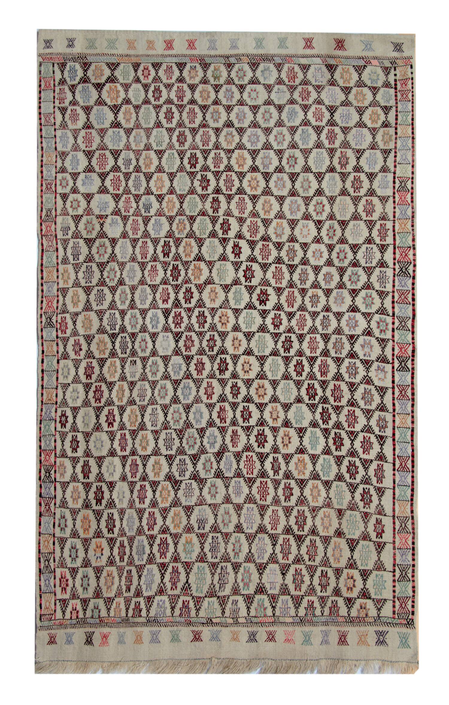 Antique Turkish Kilim Rug: Beige Wool, Zig-Zag Tribal Design 141x235cm