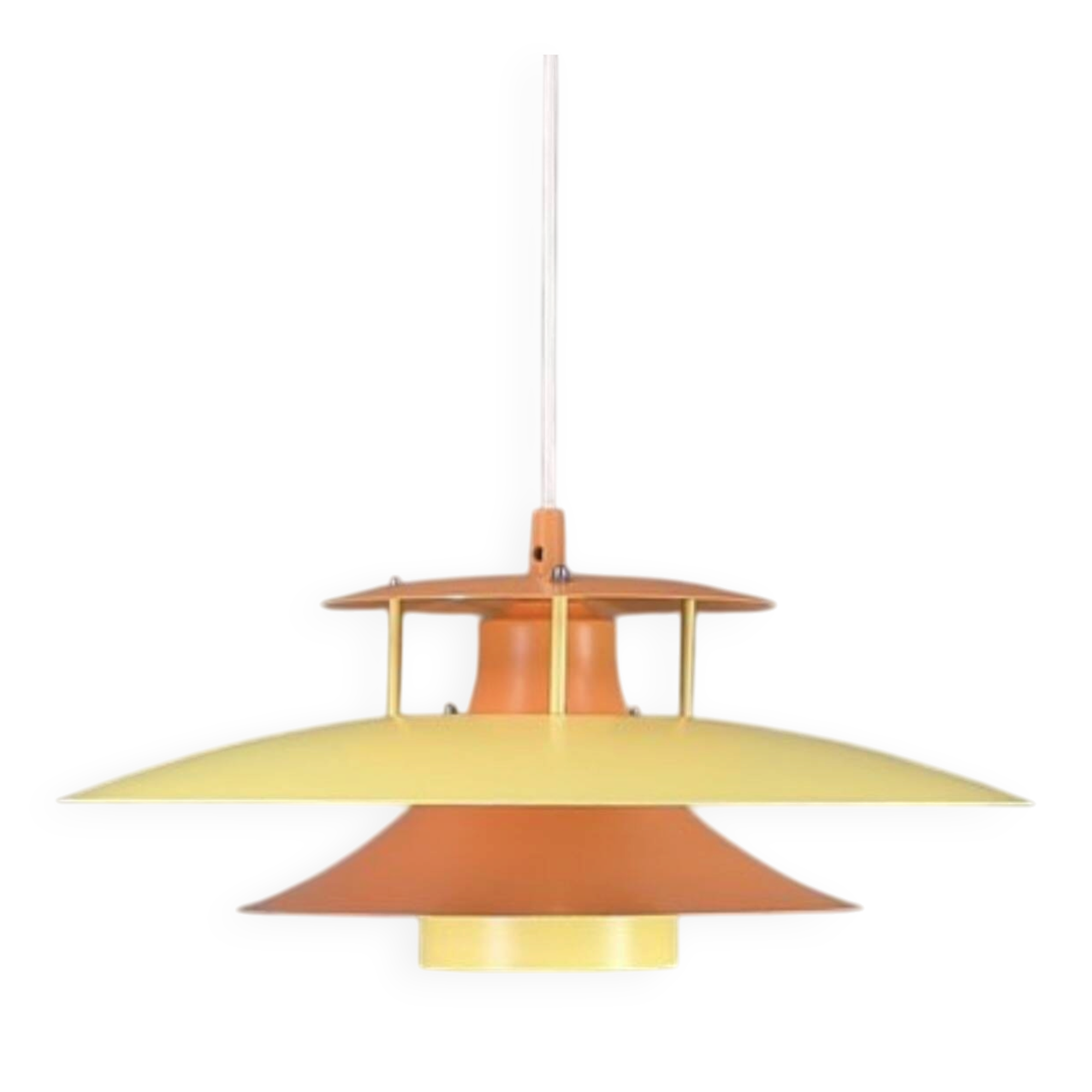Vintage Danish metal pendant light in orange and yellow – 1970s
