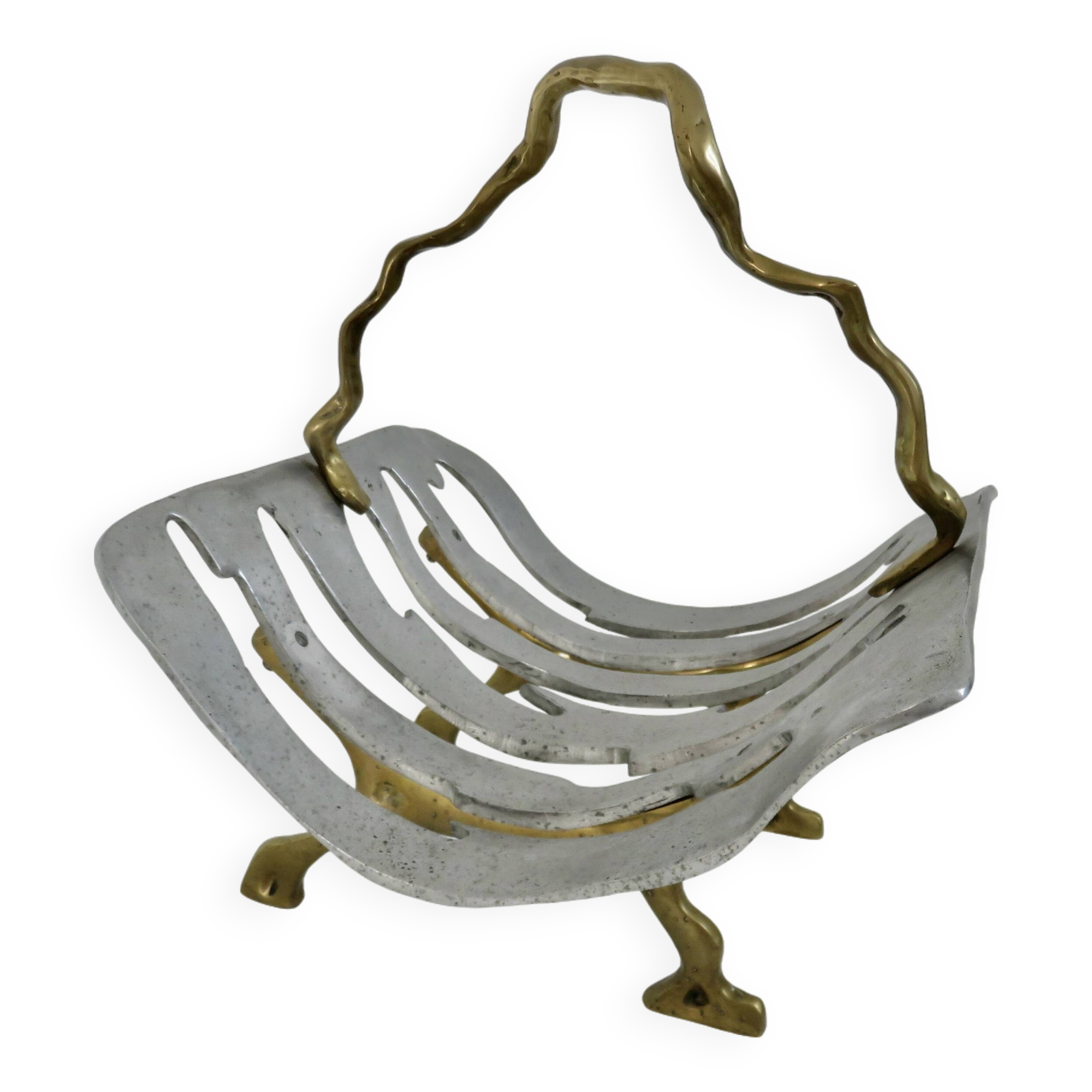Modernist fireplace log holder, brass and aluminum, 1970
