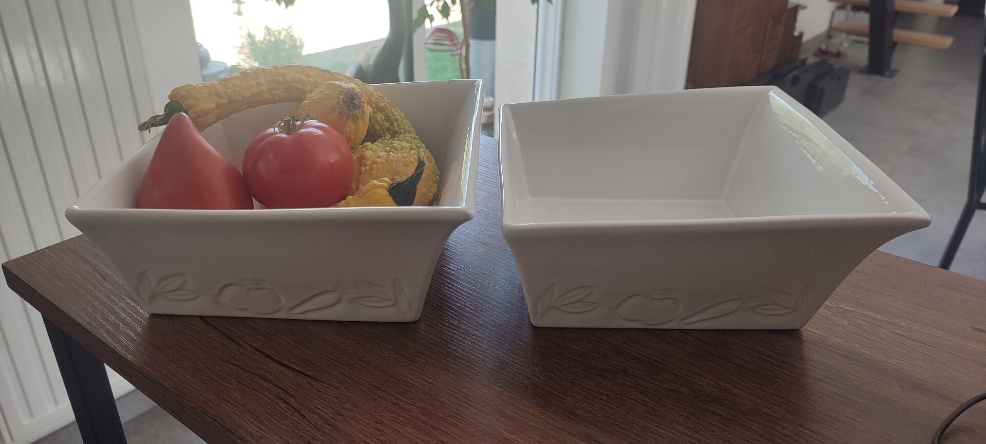 Two asymmetrical square gratin dishes BCI numbered, Made in France
