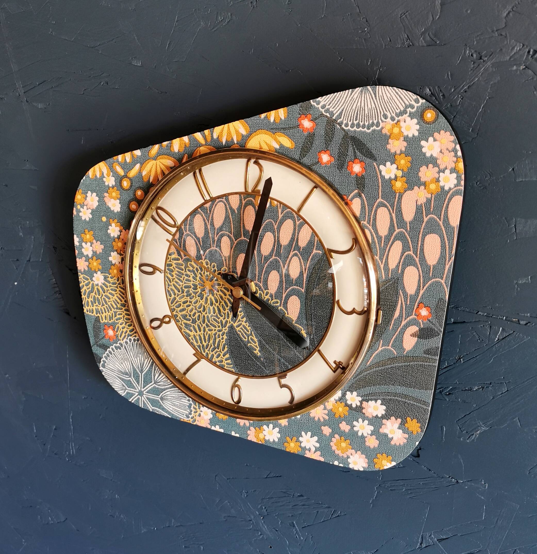 Vintage formica clock silent asymmetrical wall pendulum "Pink ocher blue"