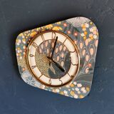 Vintage formica clock silent asymmetrical wall pendulum "Pink ocher blue"
