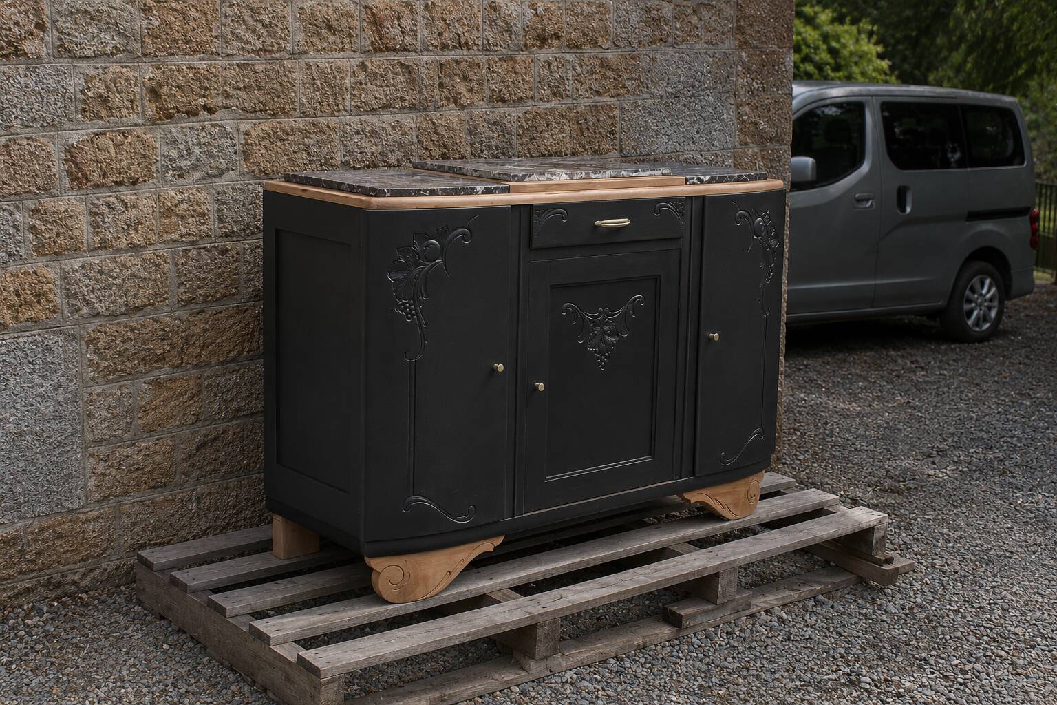 Art Deco buffet with 3 doors in black – Original marble