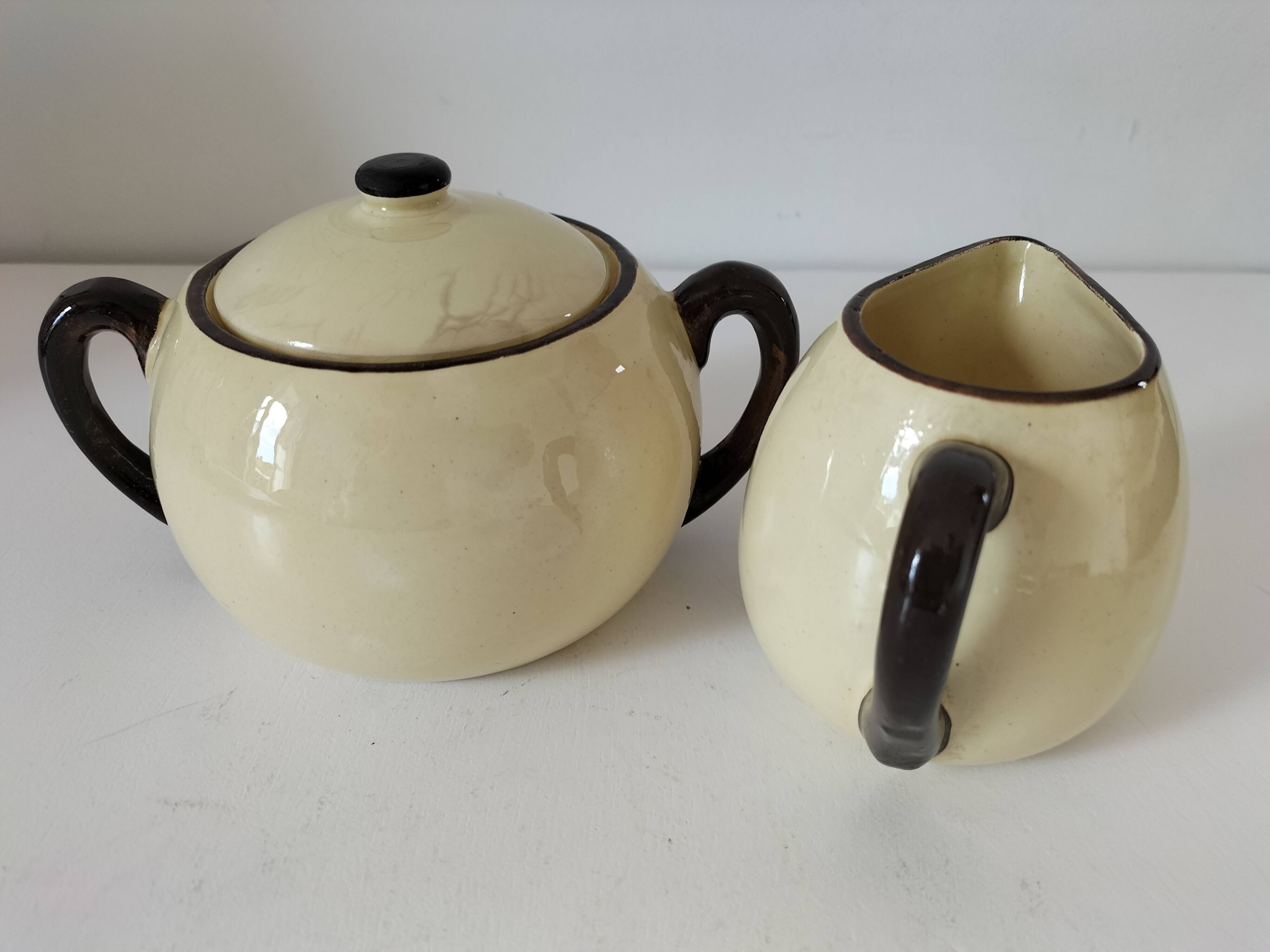 HBCM Sugar Bowl and Milk Jug Duo - Vintage Cream and Brown Earthenware