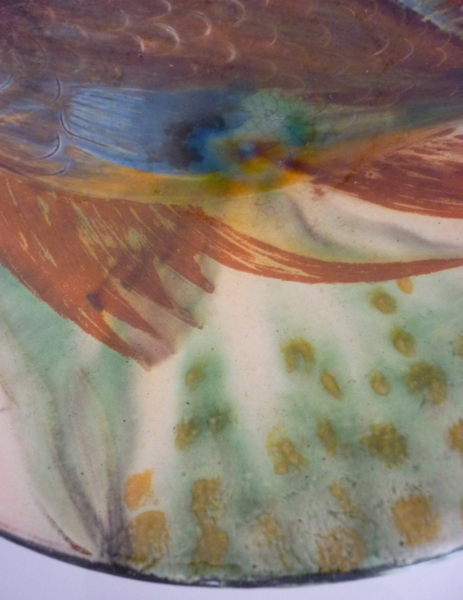 Ceramic dish, enameled terracotta, signed Puigdemont, 1960s, fish