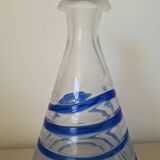 Conical glass vase/carafe blown with a blue spiral decoration.