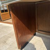 Modernist desk in wood and green moleskin upholstery