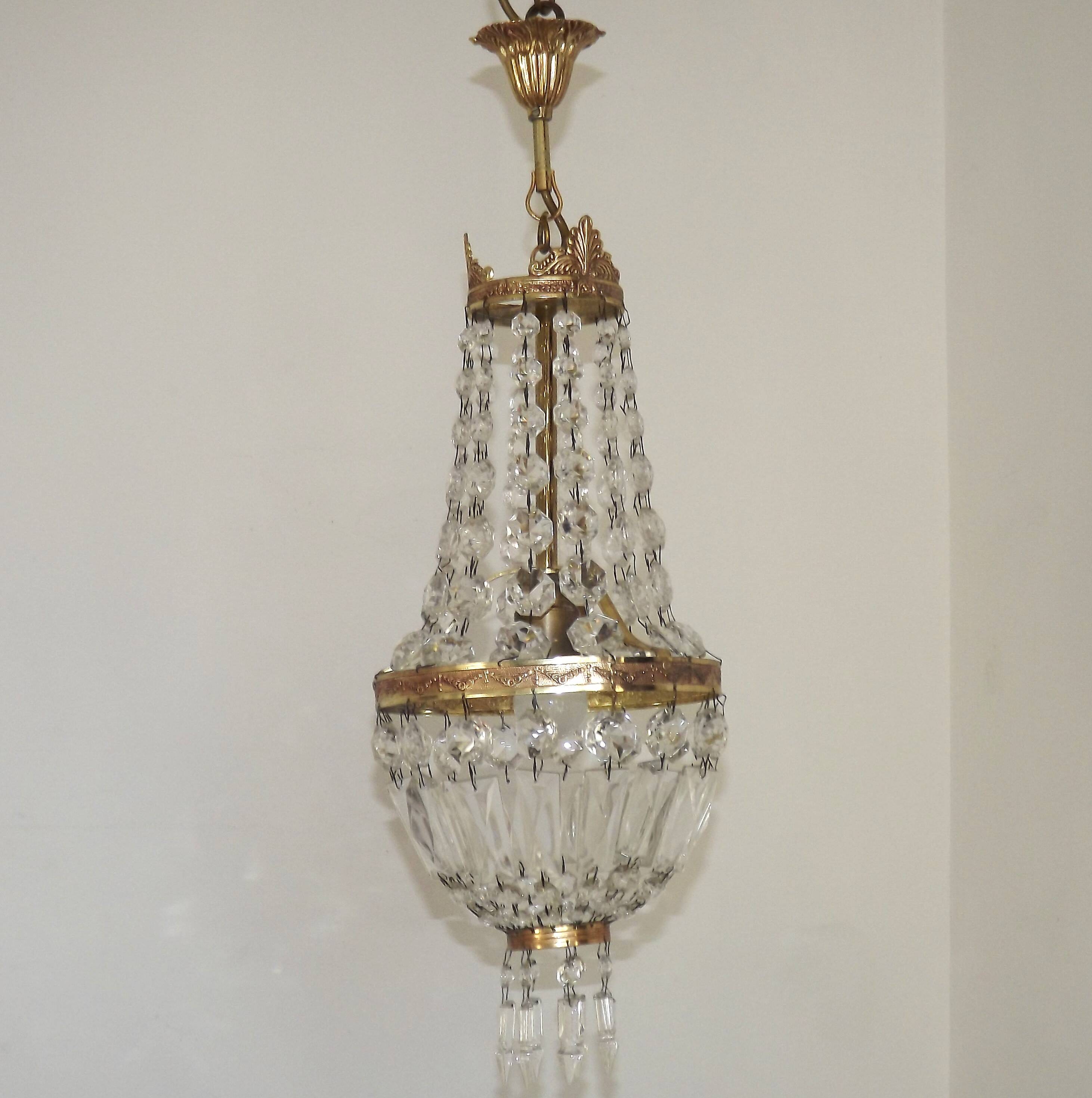 French Empire Style Bronze Single Montgolfier Crystal Basket Chandelier