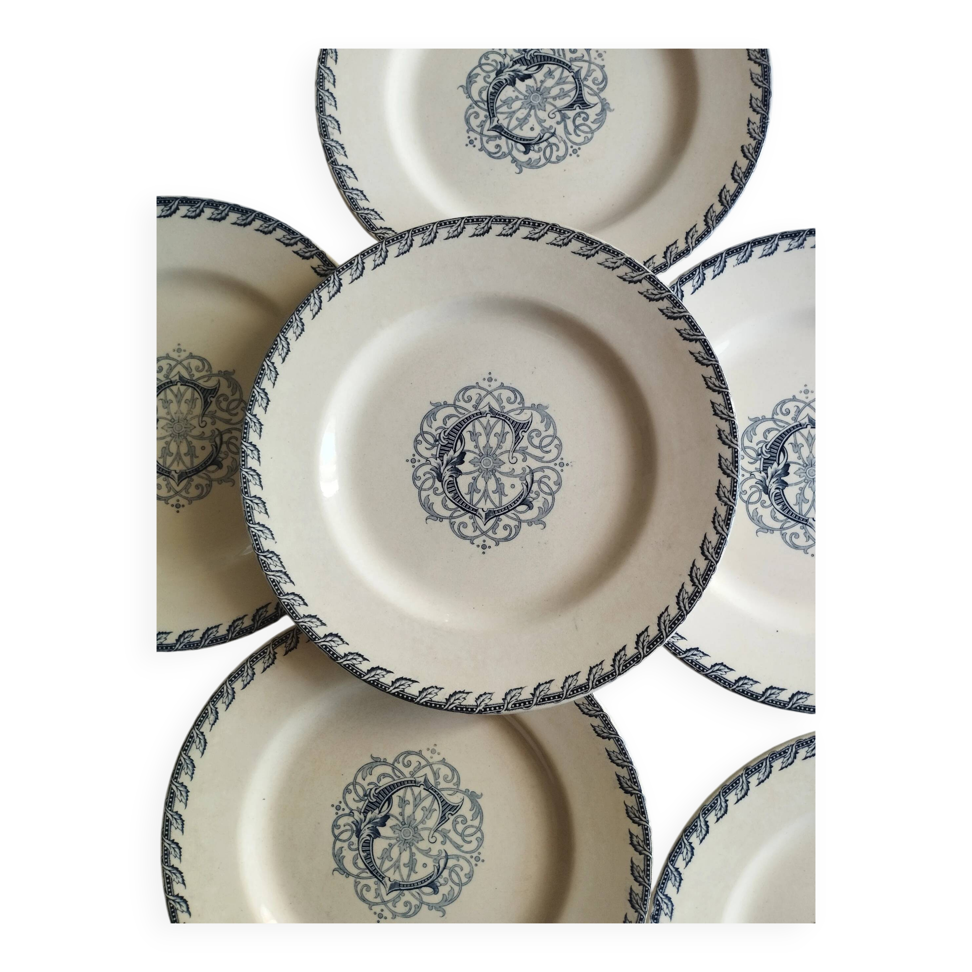 KG Lunéville - 6 flat plates made of ironstone monogrammed "C"