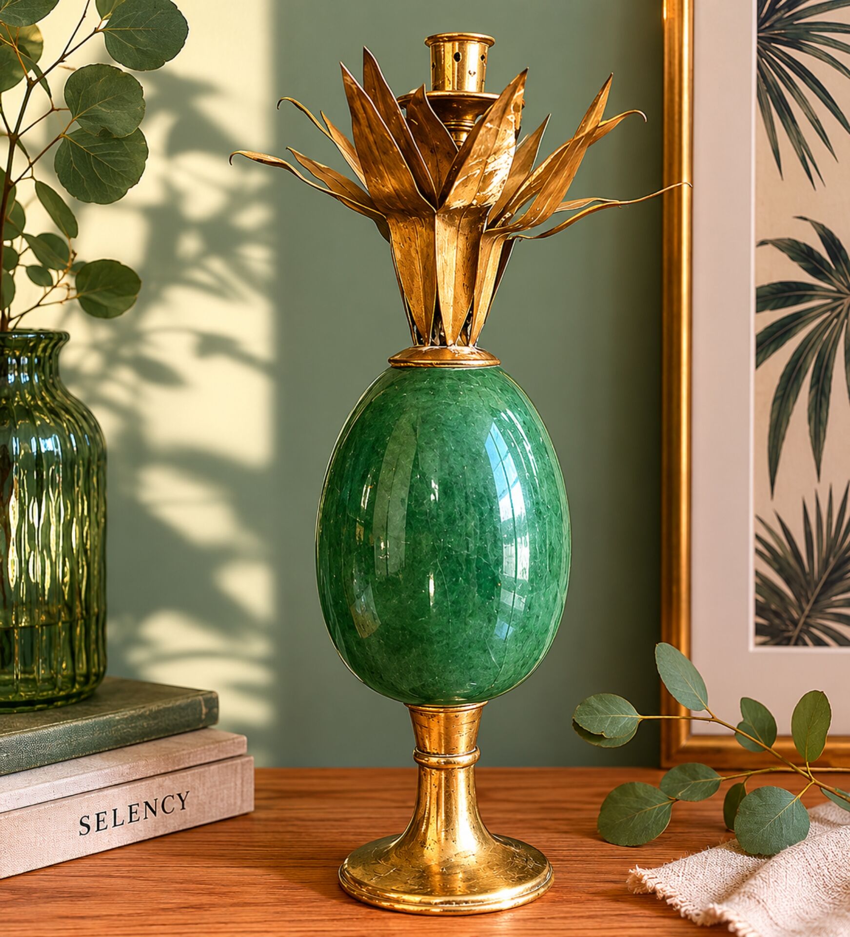 Vintage flower candlestick in brass and green stone
