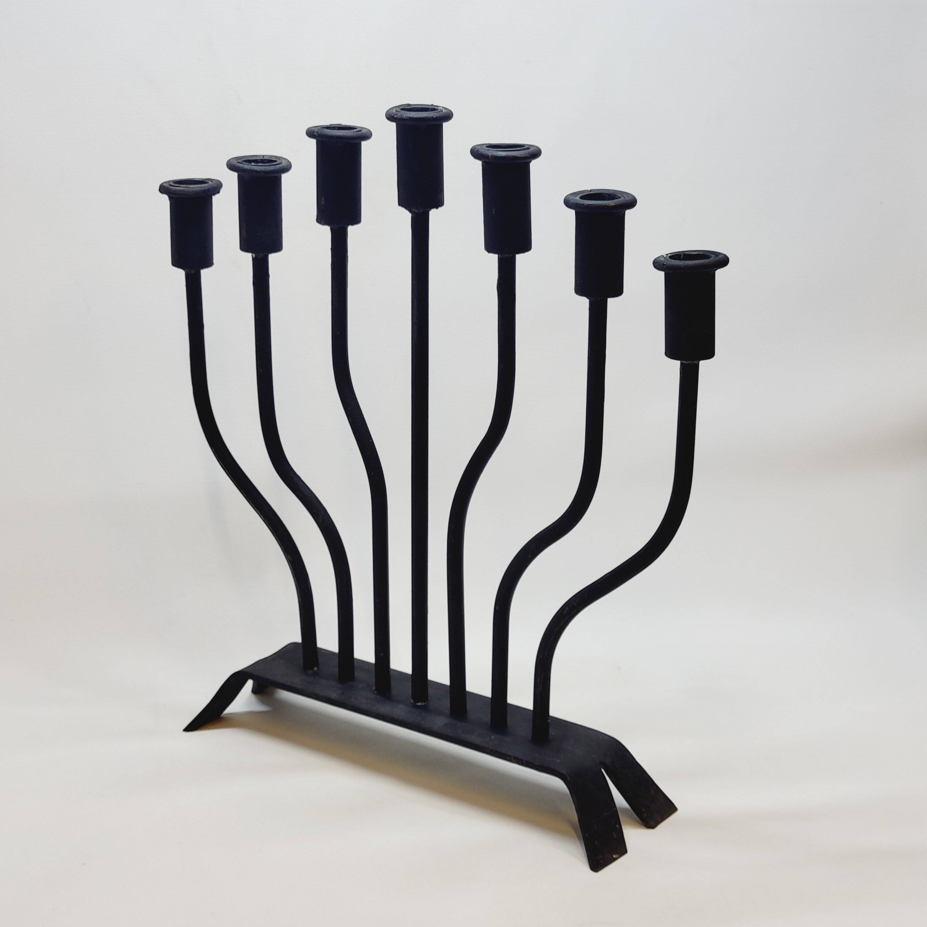 FOLK ART - JUDAICA Menorah Old Candlestick 7 arms of light in wrought iron