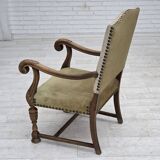 Fauteuil danois à dossier haut des années 1950, en laine tissée à la main, velours, bois de chêne sculpté.