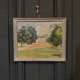 Oil on cardboard representing an early 20th century property, limed frame
